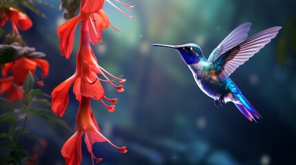 Fototapeta premium Hummingbird in blue Violet Sabrewing soaring beside a stunning crimson blossom. Tiny bird flying in the forest