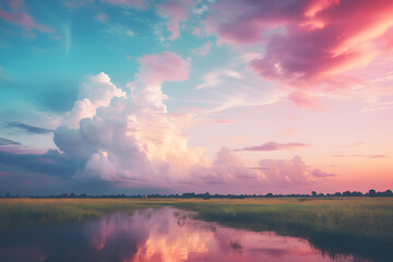 Meadow with beuatiful sky with pastel pink and blue clouds