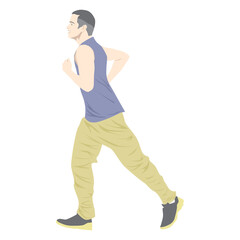 Muscular adult man running or jogging. Workout excercise. Simple flat vector illustration.