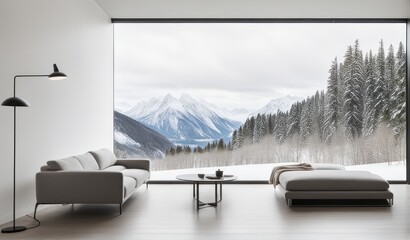 Minimalist white walled room with modern Scandinavian interior design. There are large windows showing a peaceful winter scene. falling snowflakes vitality the cool beauty of winter
