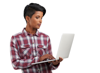 Laptop, typing and woman reading internet information, online shopping or search website blog, media or social network. Computer, research and person check email on transparent, png background