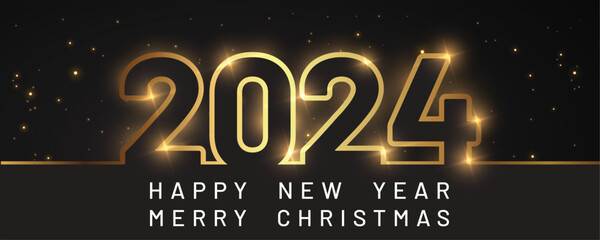 Happy New Year of glitter gold fireworks. Vector golden glittering text and 2024 numbers with sparkle shine for holiday greeting card. - obrazy, fototapety, plakaty