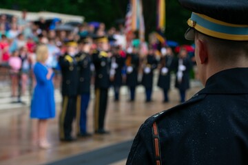 Military man adult standing in front of other people during a ceremony - obrazy, fototapety, plakaty