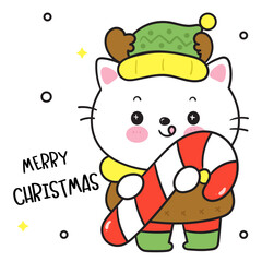 Cute Cat with Christmas candy wear reindeer hat (happy new year kids) animal kawaii kitten vector for fairy tale book. 
