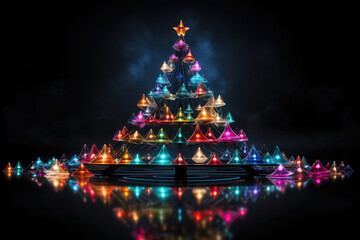 Modern christmas tree with neon lights, black background