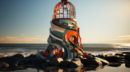 A vibrant lighthouse stands tall on rocky shores, surrounded by the ever-changing sky and sea, its colorful structure a stunning work of art amidst the wild and beautiful landscape