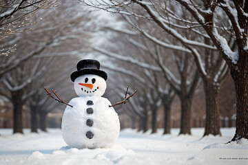 Merry christmas and happy new year greeting card with copy-space.Happy snowman standing in christmas landscape.Snow background.Winter fairytale. christmas snowman on the background of Christmas lights