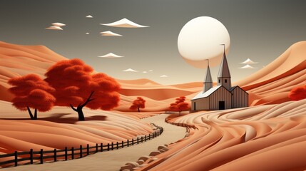 In the barren wasteland, a vibrant cartoon church stands as a beacon of hope amidst the harsh...