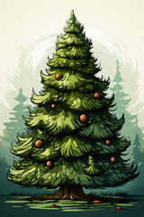 Illustration of a beautiful Christmas hand drawn cute tree, cartoon style