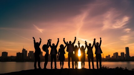 Fototapeta premium Silhouette of business team stand and feel happy on the most hight at stand on sunset, success, leader, teamwork, target, Aim, confident, achievement, goal, on plan, finish, generate by AI