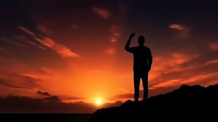 Silhouette of person stand and feel happy on use phone the most hight of technology communication. background sunrise, advertisement, alone, dark