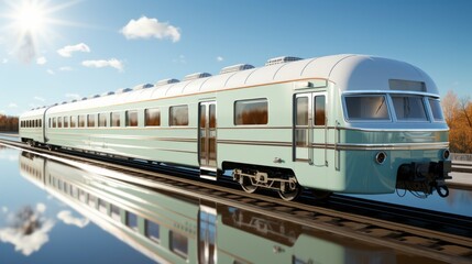 Fototapeta premium A majestic train glides effortlessly along the railroad tracks, its reflection shimmering in the tranquil waters of the nearby lake