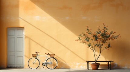 A vibrant bicycle rests against a flowerpot tree, its wheels planted firmly on the ground, a symbol of both movement and growth amidst the stillness of a parked outdoor scene