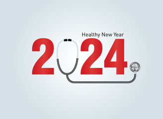 2024 new year Healthcare concept. Healthy new year- creative vector illustration for 2024 new year. Doctor stethoscope with smiling heart and blue background. - obrazy, fototapety, plakaty