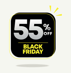 55% off banner. Black friday sale campaign. Sticker, tag, discount price. Social media marketing. Special offer, liquidation, promotion. Vector, design, icon