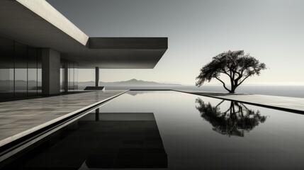 Fototapeta premium Nature and man-made beauty collide in a breathtaking display of harmony as a tree reaches towards the sky, its reflection dancing in the crystal clear waters of the pool