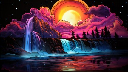 The moonlit waterfall cascades through the lush trees, creating a mesmerizing display of fluid and wild beauty as the fiery sunset paints the sky with vibrant hues