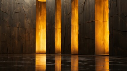 Amber light cascades through the wooden columns of an indoor art space, illuminating the floor and highlighting a single plank jutting out from the wall - obrazy, fototapety, plakaty
