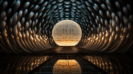 A dazzling symmetrical masterpiece, the large round light in the tunnel illuminates with artistic...