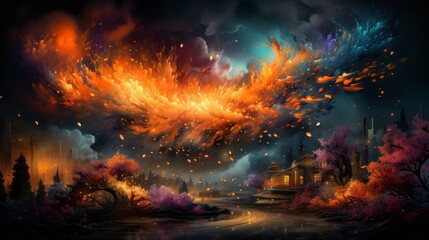 Fototapeta na wymiar Amidst the dark night sky, a mesmerizing painting captures the fiery chaos of outdoor fireworks as they light up the sky, with a blazing fireball stealing the show