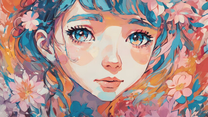 A beautiful face portrait of a girl with flowers, art style illustration