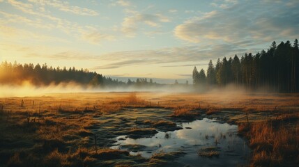 As the fog dissipates and the sun rises over the tranquil marsh, the wild landscape of trees, clouds, and water create a mesmerizing scene of untamed beauty and untold secrets - obrazy, fototapety, plakaty