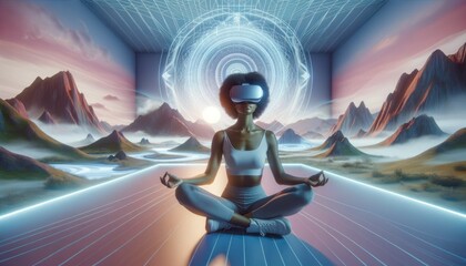 In a futuristic world, a woman finds solace and enhances her mental wellbeing through virtual reality goggles, depicted in a captivating cartoon animation with hints of anime - obrazy, fototapety, plakaty