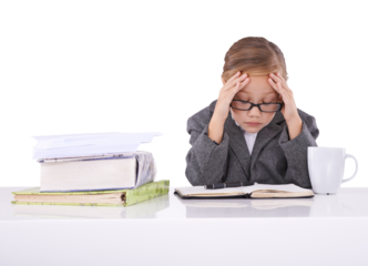 Child, books and headache with stress, suit and serious as businesswoman on isolated transparent png background. Corporate wear, glasses or entrepreneur girl, alone or formal for job, work or adhd