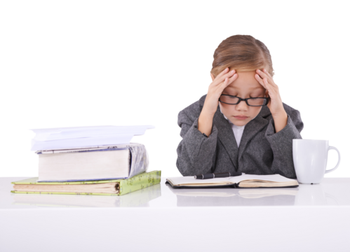 Child, books and headache with stress, suit and serious as businesswoman on isolated transparent png background. Corporate wear, glasses or entrepreneur girl, alone or formal for job, work or adhd