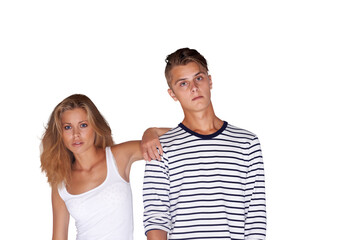 Fashion, couple and serious in portrait, face and cool or trendy, vintage and retro clothing. Man and woman, attitude and stylish or edgy by hipster, casual and isolated on transparent png background