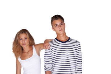 Fashion, couple and serious in portrait, face and cool or trendy, vintage and retro clothing. Man and woman, attitude and stylish or edgy by hipster, casual and isolated on transparent png background