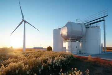 Solar renewable energy generating station Wind turbines in a solar renewable energy production plant In the blue sky at sunset Concept of renewable energy using wind turbines