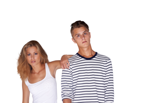 Fashion, couple and serious in portrait, face and cool or trendy, vintage and retro clothing. Man and woman, attitude and stylish or edgy by hipster, casual and isolated on transparent png background - Powered by Adobe