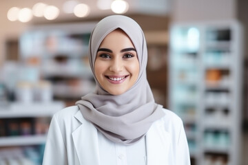 Portrait of a cute smiling Muslim pharmacist girl against a background of medicines.