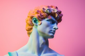 White sculpture of Apollo with multicolored rainbow hair on a pink bright background.
