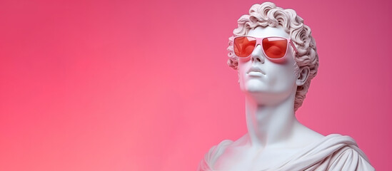Portrait of an arrogant white bust of Apollo wearing rose-colored glasses on a pink pastel background.