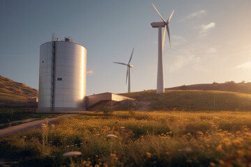 Solar renewable energy generating station Wind turbines in a solar renewable energy production plant In the blue sky at sunset Concept of renewable energy using wind turbines