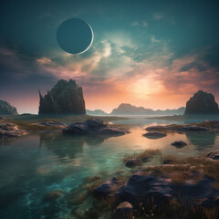 fantastic landscape of a planet with water and mountains