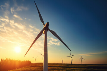 Solar renewable energy generating station Wind turbines in a solar renewable energy production plant In the blue sky at sunset Concept of renewable energy using wind turbines