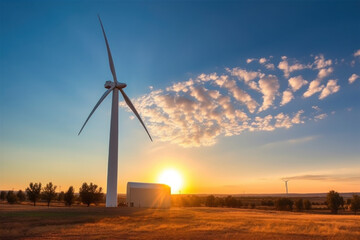 Obraz premium Solar renewable energy generating station Wind turbines in a solar renewable energy production plant In the blue sky at sunset Concept of renewable energy using wind turbines