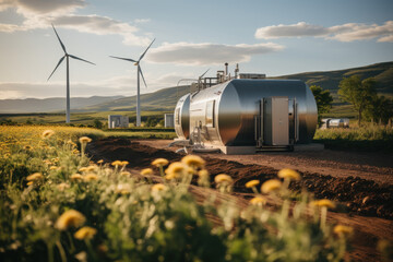 Solar renewable energy generating station Wind turbines in a solar renewable energy production plant In the blue sky at sunset Concept of renewable energy using wind turbines