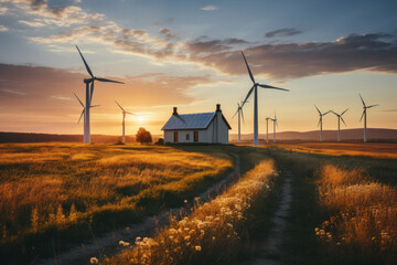 Obraz premium Solar renewable energy generating station Wind turbines and solar panels In the blue sky at sunset renewable energy concept