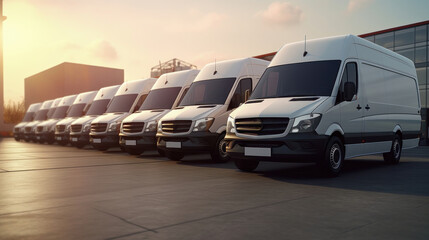 Fleet Ready: Row of Commercial Delivery Vans from a Transport Service Company. - obrazy, fototapety, plakaty