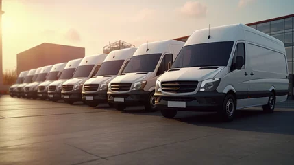 Fotobehang Fleet Ready: Row of Commercial Delivery Vans from a Transport Service Company. © Ai Studio