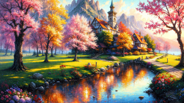 An autumn trees with orange yellow leaves near river, artistic vision of  beautiful autumn landscape, oil painting  on canvas