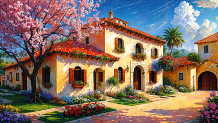Obraz premium Beautiful house surrounded by flowers, mediterranean architecture oil painting on canvas.