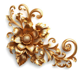 Gold flowers isolated on white, abstract floral background with metal golden flowers ornaments.