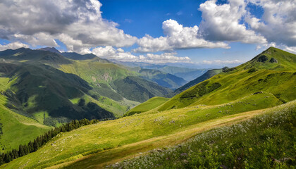 Fototapeta na wymiar Beautiful green mountain valley. Scenic grassy mountains. Summer day in Georgia. Amazing bright mountain landscape