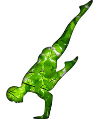 Yoga postures with green leaf print, nature effect.
This image is part of a set of 50 yoga poses perfect for creating beautiful designs, for your website, social networks, products, etc.