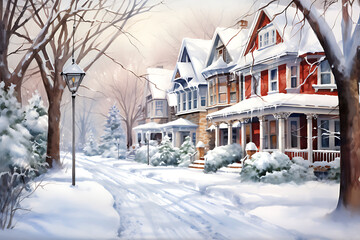 Fototapeta premium Watercolor painting realistic The atmosphere of houses with snow falling on Christmas Day.